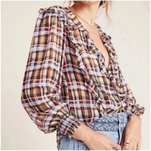 Anthropology Maeve Multicolor Plaid Ruffle Blouse